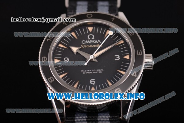 Omega Seamster 300 "Spectre" Limited Edition Clone Omega 8500 Automatic Steel Case with Black Dial Stick Markers and Nylon Strap - Click Image to Close