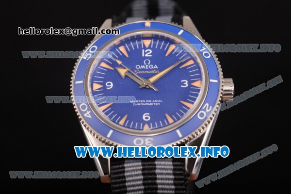 Omega Seamaster 300 Master Co-Axial Clone Omega 8500 Automatic Steel Case with Blue Dial Stick Markers and Black/Grey Nylon Strap - Click Image to Close