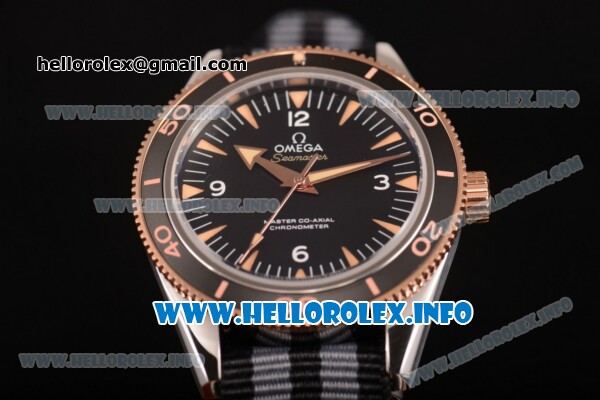 Omega Seamaster 300 Master Co-Axial Clone Omega 8500 Automatic Steel Case with Black Dial Rose Gold Bezel and Black/Grey Nylon Strap - Click Image to Close