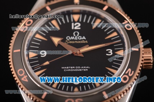Omega Seamaster 300 Master Co-Axial Clone Omega 8500 Automatic Steel Case with Black Dial Rose Gold Bezel and Black/Grey Nylon Strap - Click Image to Close