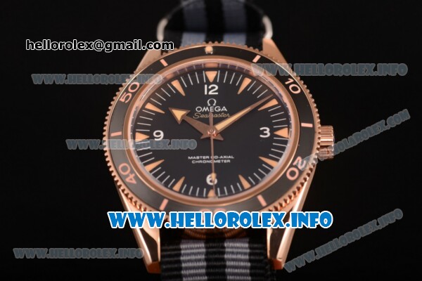 Omega Seamaster 300 Master Co-Axial Clone Omega 8500 Automatic Rose Gold Case with Black Dial Stick Markers and Black/Grey Nylon Strap - Click Image to Close