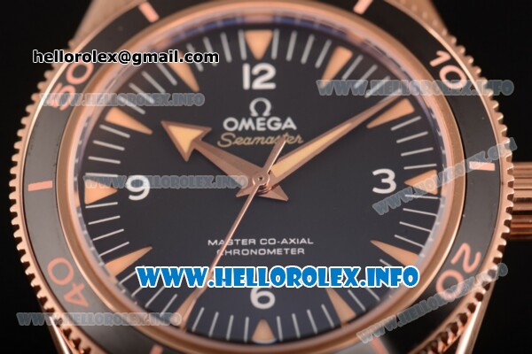 Omega Seamaster 300 Master Co-Axial Clone Omega 8500 Automatic Rose Gold Case with Black Dial Stick Markers and Black/Grey Nylon Strap - Click Image to Close