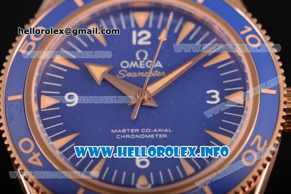 Omega Seamaster 300 Master Co-Axial Clone Omega 8500 Automatic Rose Gold Case with Blue Dial Stick Markers and Black/Grey Nylon Strap - Click Image to Close