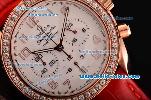 Omega Speedmaster Chrono Swiss Quartz Rose Gold Case Diamond Bezel with Red Leather Strap and White Dial Numeral Markers - Click Image to Close