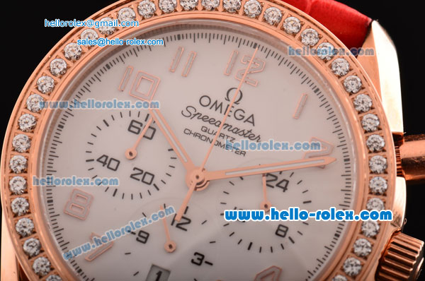 Omega Speedmaster Chrono Swiss Quartz Rose Gold Case Diamond Bezel with Red Leather Strap and White Dial Numeral Markers - Click Image to Close