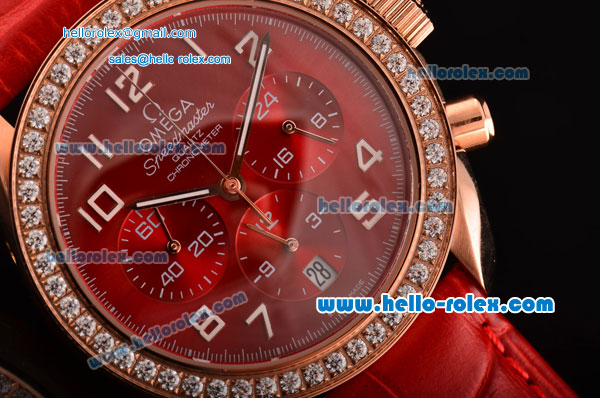 Omega Speedmaster Chrono Swiss Quartz Rose Gold Case Diamond Bezel with Red Leather Strap and Red Dial Numeral Markers - Click Image to Close