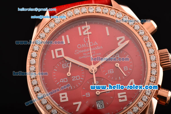 Omega Speedmaster Chrono Swiss Quartz Rose Gold Case Diamond Bezel with Red Leather Strap and Red Dial Numeral Markers - Click Image to Close