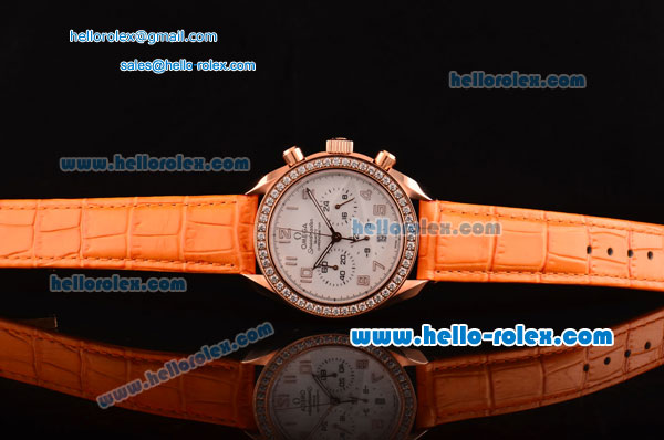 Omega Speedmaster Chrono Swiss Quartz Rose Gold Case Diamond Bezel with Orange Leather Strap and White Dial Numeral Markers - Click Image to Close