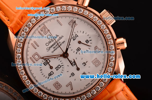 Omega Speedmaster Chrono Swiss Quartz Rose Gold Case Diamond Bezel with Orange Leather Strap and White Dial Numeral Markers - Click Image to Close