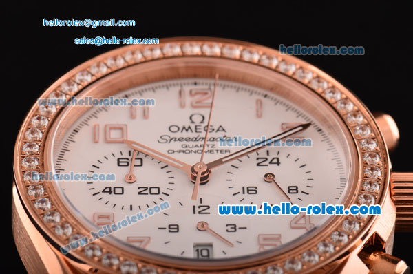 Omega Speedmaster Chrono Swiss Quartz Rose Gold Case Diamond Bezel with Orange Leather Strap and White Dial Numeral Markers - Click Image to Close