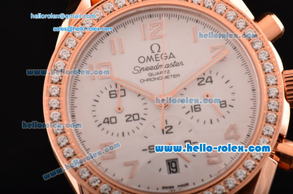 Omega Speedmaster Chrono Swiss Quartz Rose Gold Case Diamond Bezel with Orange Leather Strap and White Dial Numeral Markers - Click Image to Close