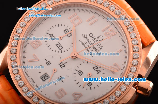 Omega Speedmaster Chrono Swiss Quartz Rose Gold Case Diamond Bezel with Orange Leather Strap and White Dial Numeral Markers - Click Image to Close