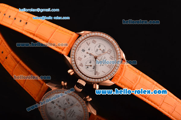 Omega Speedmaster Chrono Swiss Quartz Rose Gold Case Diamond Bezel with Orange Leather Strap and White Dial Numeral Markers - Click Image to Close