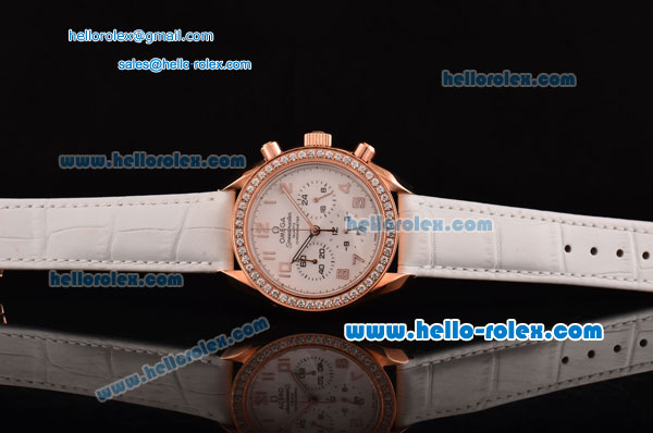 Omega Speedmaster Chrono Swiss Quartz Rose Gold Case Diamond Bezel with White Leather Strap and White Dial Numeral Markers - Click Image to Close