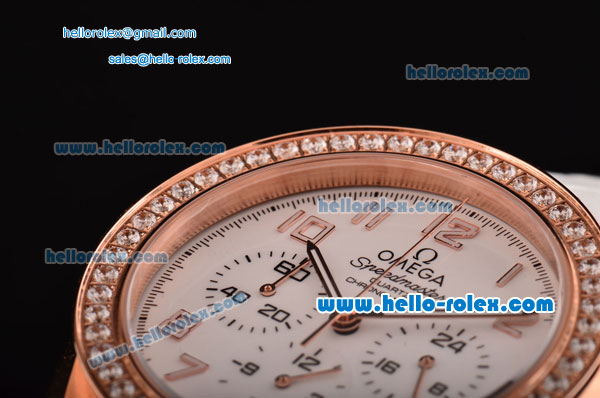 Omega Speedmaster Chrono Swiss Quartz Rose Gold Case Diamond Bezel with White Leather Strap and White Dial Numeral Markers - Click Image to Close
