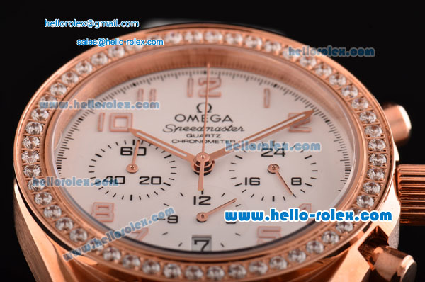 Omega Speedmaster Chrono Swiss Quartz Rose Gold Case Diamond Bezel with White Leather Strap and White Dial Numeral Markers - Click Image to Close