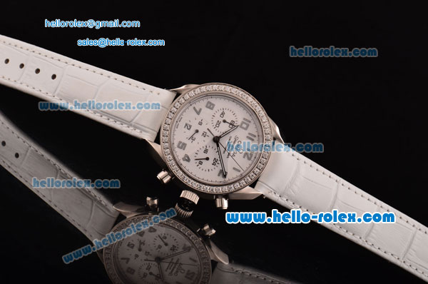 Omega Speedmaster Chrono Swiss Quartz Steel Case Diamond Bezel with White Leather Strap and White Dial Numeral Markers - Click Image to Close