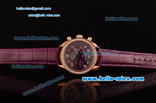 Omega Speedmaster Chrono Swiss Quartz Rose Gold Case Diamond Bezel with Purple Leather Strap and Purple Dial Numeral Markers - Click Image to Close