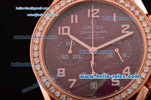 Omega Speedmaster Chrono Swiss Quartz Rose Gold Case Diamond Bezel with Purple Leather Strap and Purple Dial Numeral Markers - Click Image to Close