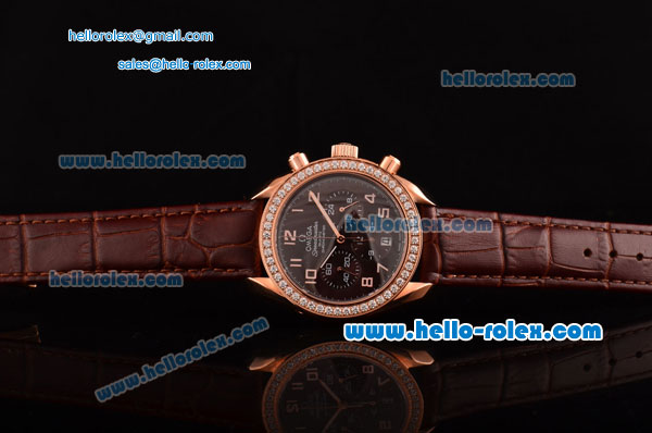 Omega Speedmaster Chrono Swiss Quartz Rose Gold Case Diamond Bezel with Brown Leather Strap and Brown Dial Numeral Markers - Click Image to Close