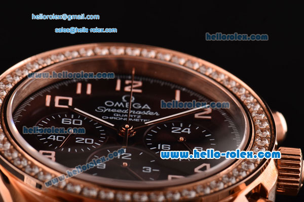Omega Speedmaster Chrono Swiss Quartz Rose Gold Case Diamond Bezel with Brown Leather Strap and Brown Dial Numeral Markers - Click Image to Close