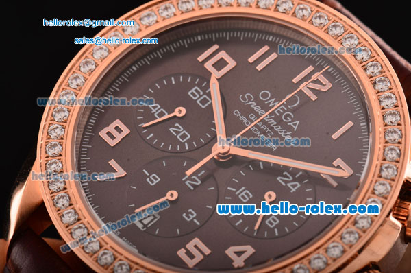 Omega Speedmaster Chrono Swiss Quartz Rose Gold Case Diamond Bezel with Brown Leather Strap and Brown Dial Numeral Markers - Click Image to Close