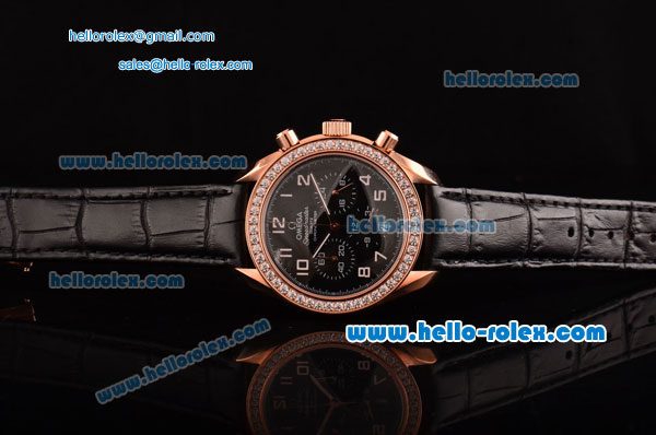 Omega Speedmaster Chrono Swiss Quartz Rose Gold Case Diamond Bezel with Black Leather Strap and Black Dial Numeral Markers - Click Image to Close