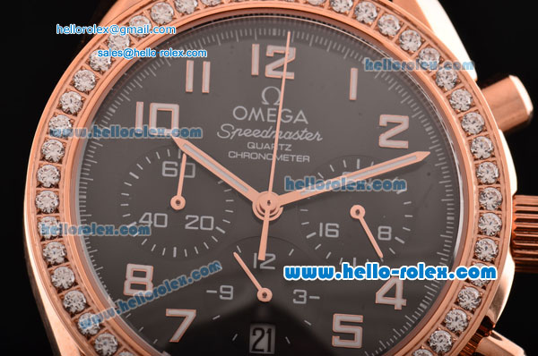 Omega Speedmaster Chrono Swiss Quartz Rose Gold Case Diamond Bezel with Black Leather Strap and Black Dial Numeral Markers - Click Image to Close