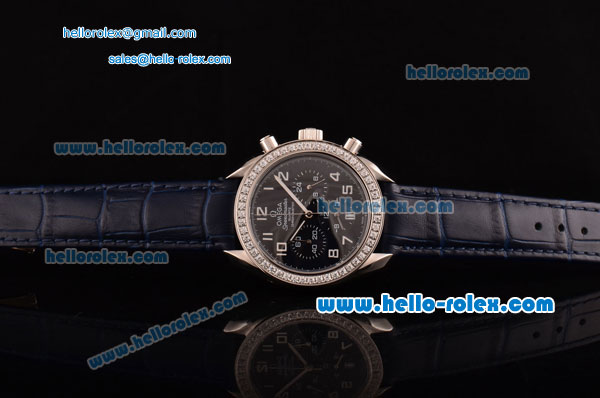 Omega Speedmaster Chrono Swiss Quartz Steel Case Diamond Bezel with Blue Leather Strap and Black Dial Numeral Markers - Click Image to Close