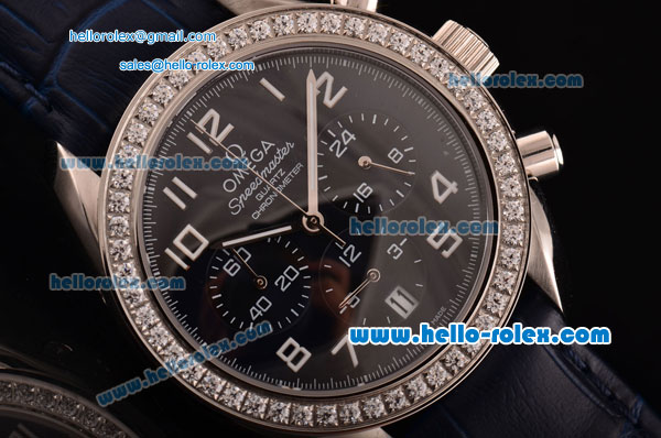 Omega Speedmaster Chrono Swiss Quartz Steel Case Diamond Bezel with Blue Leather Strap and Black Dial Numeral Markers - Click Image to Close