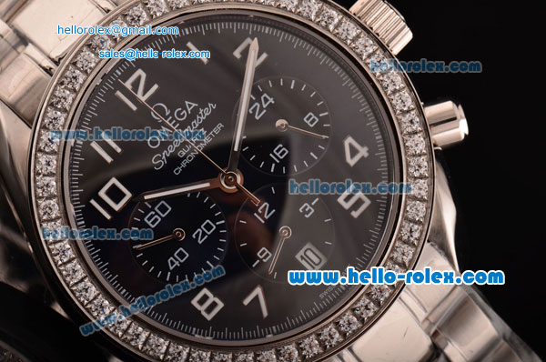 Omega Speedmaster Chrono Swiss Quartz Steel Case Diamond Bezel with Steel Strap and Black Dial Numeral Markers - Click Image to Close