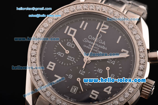 Omega Speedmaster Chrono Swiss Quartz Steel Case Diamond Bezel with Steel Strap and Black Dial Numeral Markers - Click Image to Close