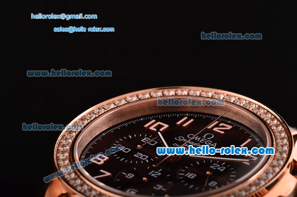 Omega Speedmaster Chrono Swiss Quartz Rose Gold Case Diamond Bezel with Rose Gold Strap and Brown Dial Numeral Markers - Click Image to Close