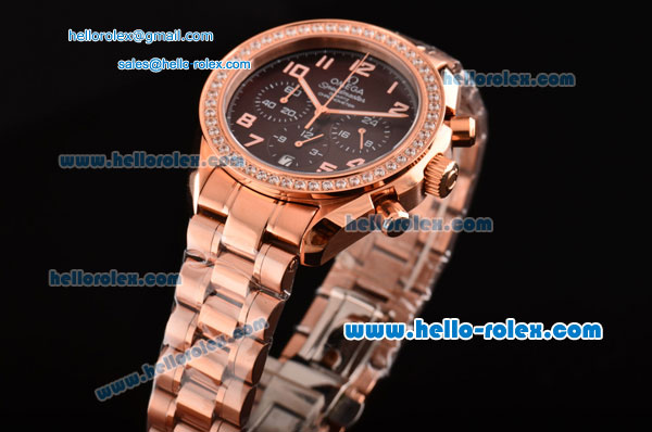 Omega Speedmaster Chrono Swiss Quartz Rose Gold Case Diamond Bezel with Rose Gold Strap and Brown Dial Numeral Markers - Click Image to Close