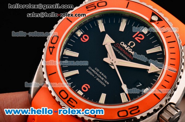 Omega Seamaster Planet Ocean Swiss ETA 2824 Clone 8500 Automatic Steel Case with Black Dial Orange Rubber Strap - Click Image to Close