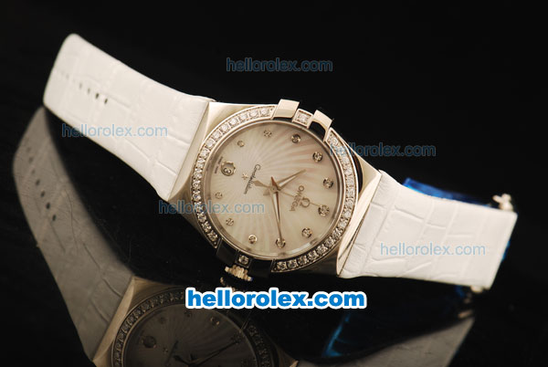 Omega Constellation Quartz Movement Steel Case with Diamond Bezel and White Leather Strap - Click Image to Close
