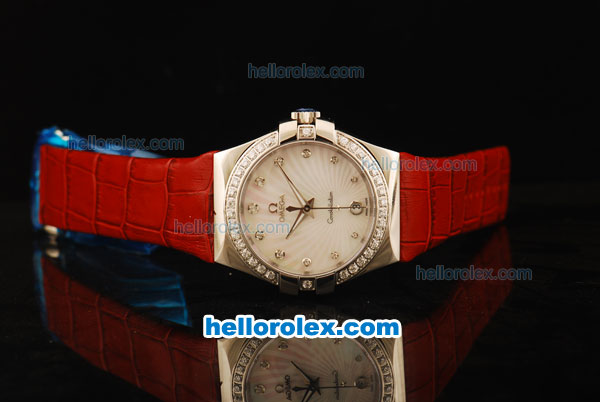 Omega Constellation Swiss ETA Quartz Movement Steel Case with Diamond Bezel and Red Leather Strap - Click Image to Close