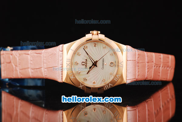 Omega Constellation Quartz Movement Rose Gold Case with White Dial and Pink Leather Strap - Click Image to Close