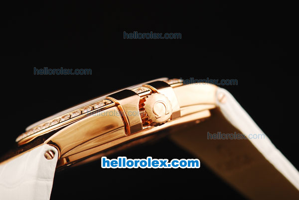 Omega Constellation Swiss ETA Quartz Rose Gold Case with Diamond Bezel and White Leather Strap - Click Image to Close