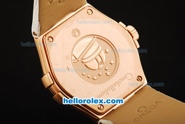 Omega Constellation Swiss ETA Quartz Rose Gold Case with Diamond Bezel and White Leather Strap - Click Image to Close
