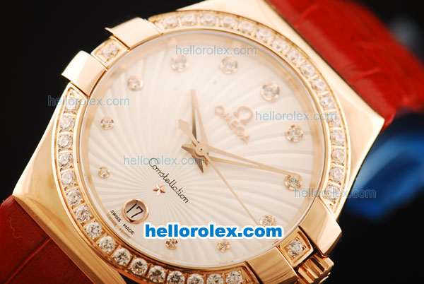 Omega Constellation Swiss ETA Quartz Rose Gold Case with Diamond Bezel and Red Leather Strap - Click Image to Close