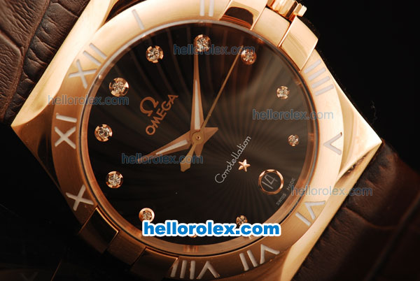 Omega Constellation Quartz Movement Rose Gold Case with Diamond Markers and Brown Leather Strap - Click Image to Close