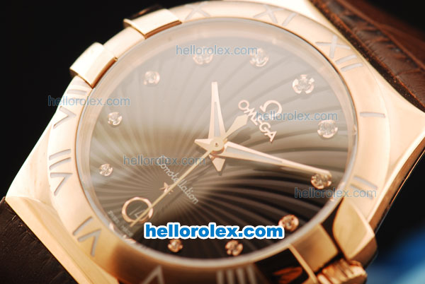 Omega Constellation Quartz Movement Rose Gold Case with Diamond Markers and Brown Leather Strap - Click Image to Close