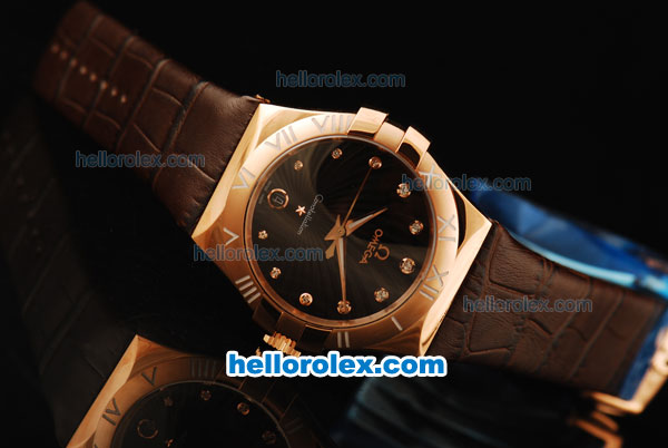 Omega Constellation Quartz Movement Rose Gold Case with Diamond Markers and Brown Leather Strap - Click Image to Close