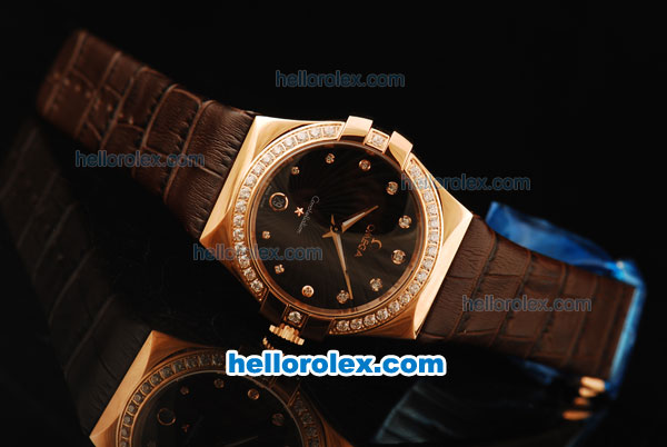 Omega Constellation Swiss ETA Quartz Rose Gold Case with Diamond Bezel and Brown Leather Strap - Click Image to Close