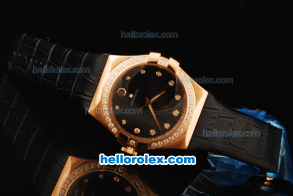 Omega Constellation Swiss ETA Quartz Rose Gold Case with Diamond Bezel and Black Leather Strap - Click Image to Close