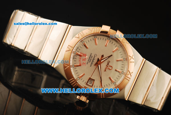 Omega Constellation Swiss Quartz Movement Steel Case with Rose Gold Marker/Bezel and Two Tone Strap - Click Image to Close