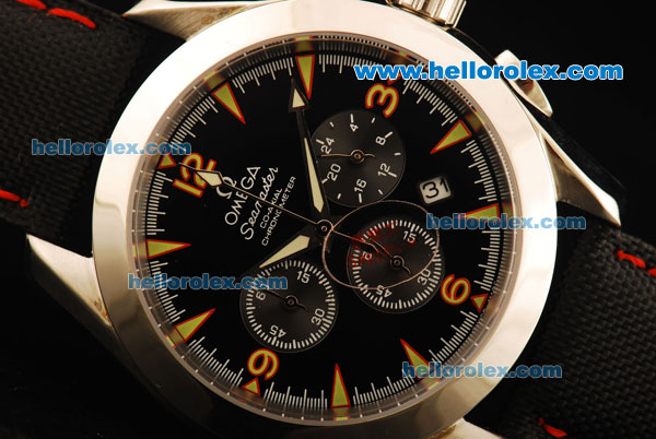 Omega Seamaster Chronograph Miyota Quartz Movement Steel Case with Black Dial and Black Leather Strap-Triangular Markers - Click Image to Close