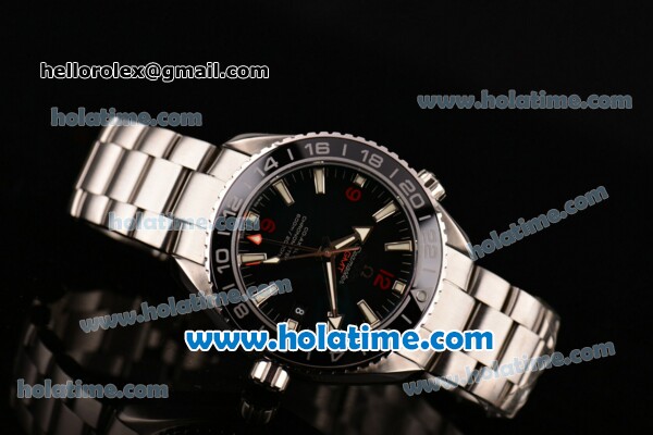 Omega Seamaster Planet Ocean GMT Swiss ETA 2824 Automatic Steel Case/Strap with Black Bezel and Stick Markers (BP) - Click Image to Close