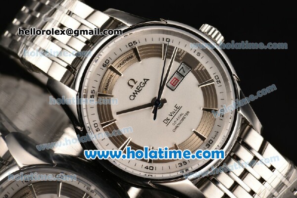 Omega De Ville Hour Vision Co-Axial Annual Calendar Clone 8500 Automatic Full Steel with Stick Markers and White Dial - 1:1 Original - Click Image to Close